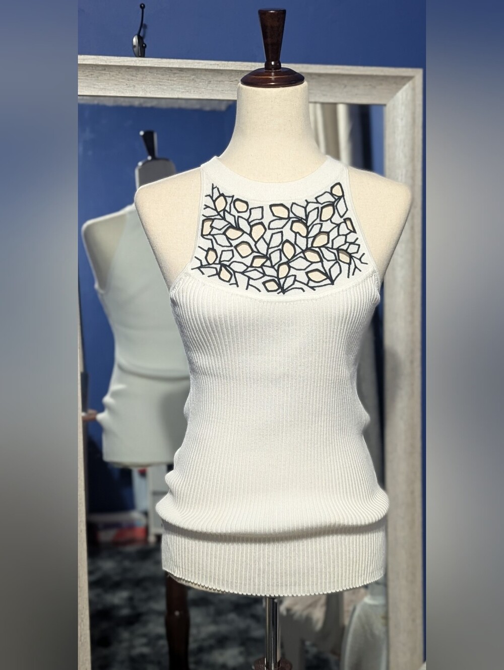 White Ribbed Halter Tank with Contrast Embroidered Yoke